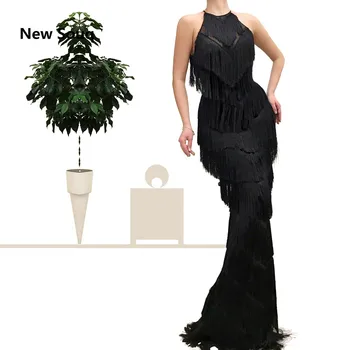 

Black Tassel Mermaid Evening Gowns Sexy Halter Sleeveless Africa Dubai Prom Dress Formal Women Red Carpet Dress Robe De Soiree