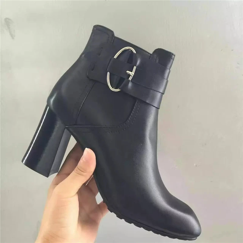 New Brand Design 2017 Genuine Leather Metal Boots Pointed Toe Women Ankle Booties Shoes Med Heel Chunky BootsLuxury designer