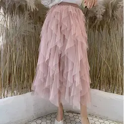 Witsnoep Мода тюль юбки для женщин женские 2019 Сезон: Весна-Лето Корейская Высокая талия плиссированные длинные макси юбка женский черный