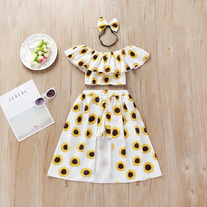 

Summer Children Girls Sunflower Clothes Off shoulder Crop Tops Skirted Shorts Headband 3PCS Outfits Kids Clothing Set 2019