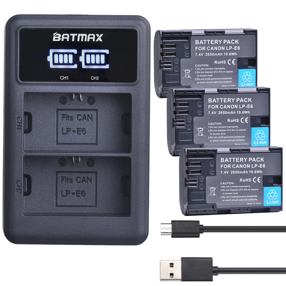 Batteria Lp-E6N Batmax + Caricatore Doppio Usb Led Per Canon Eos 5Ds 5D Mark Ii Mark Iii 6D 7D 60D 60Da 70D 80D 90D Eos R R5 R6