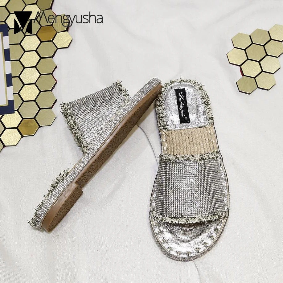 Блеск деним Дамские тапочки Кристалл Бисероплетение Гладиатор sandalias mujer