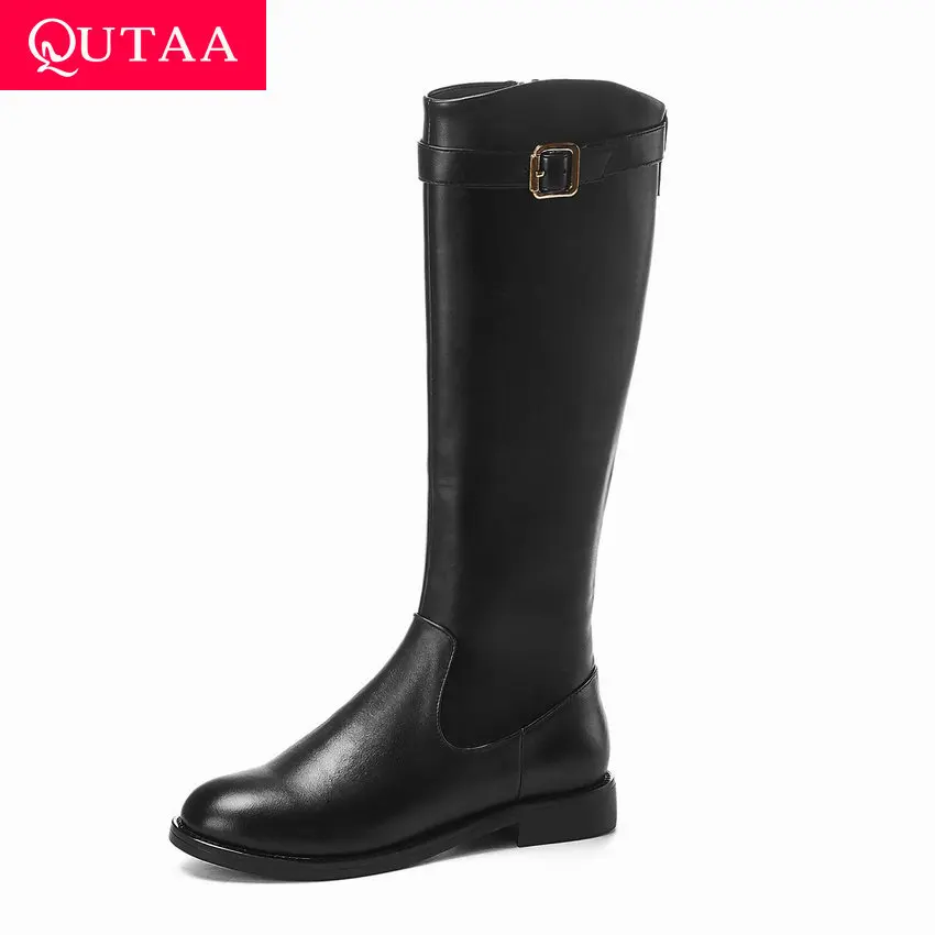 

QUTAA 2020 Women Casual Zipper Buckle Winter Knee High Boots Round Toe Cow Leather Low Heel Comfort Fashion Long Boots Size34-43