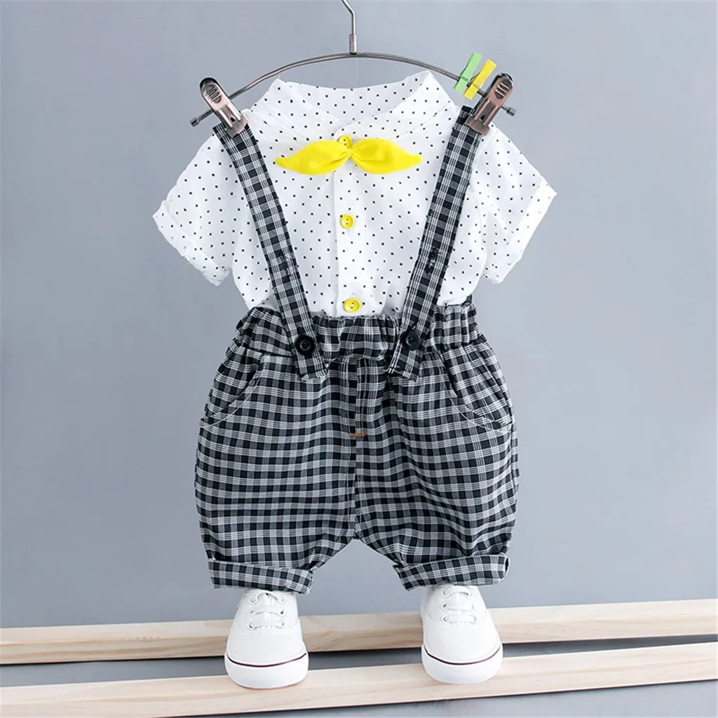 

Toddler Kids Baby Girl Boys Short-Sleeves Dot Bowknot Shirt Tops+Pocket Plaid Overall Pants Clothing Outfits Casual Clothes Set