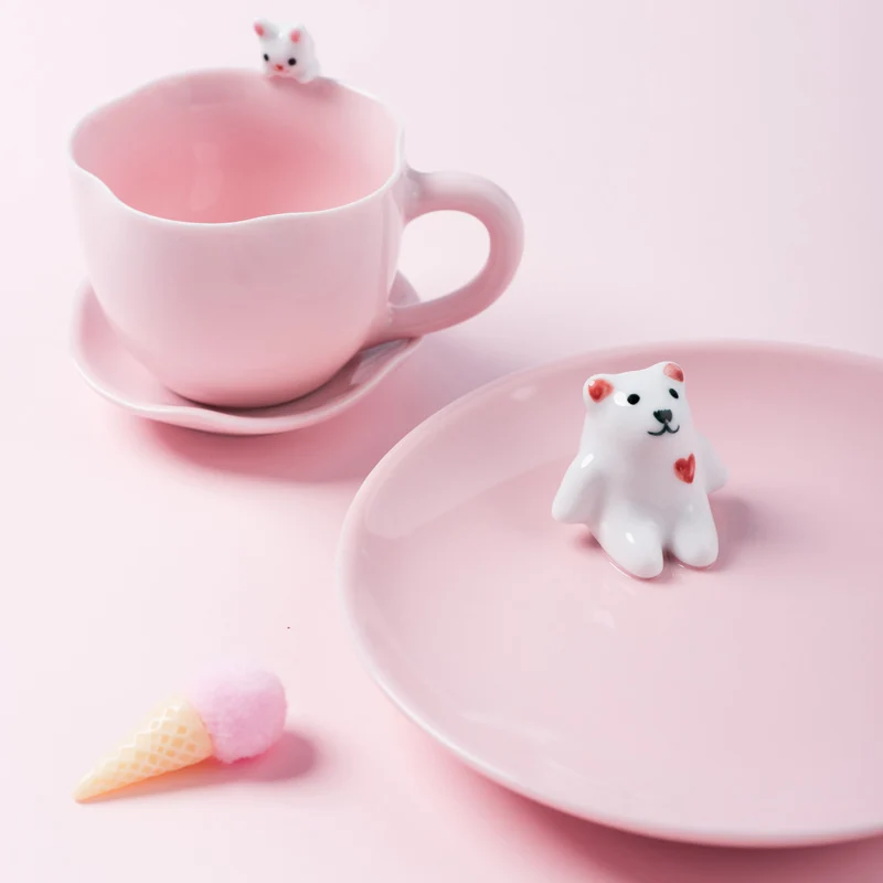 Cute cartoon children ceramic fruit tray Porcelain Coffee cup set Rabbit white Bear