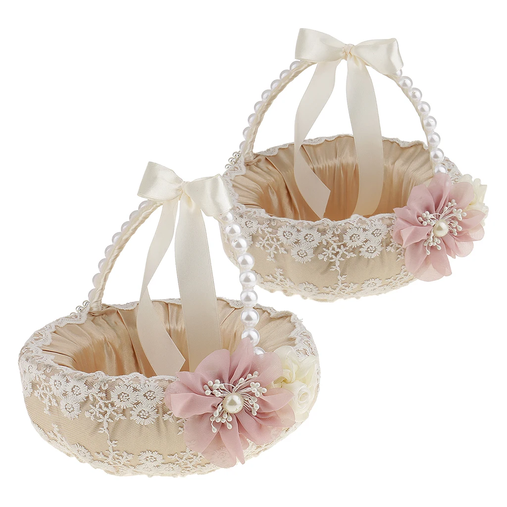 

2pcs Luxury Beige Satin Lace Floral Pearls Handle Flower Girl Basket Wedding Ceremony Party Supplier
