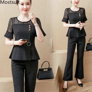 

Summer Black Office Striped Two Piece Sets Women Plus Size Lace Patchwork Tops And Flare Pants Suits Elegant Korean Women's Sets