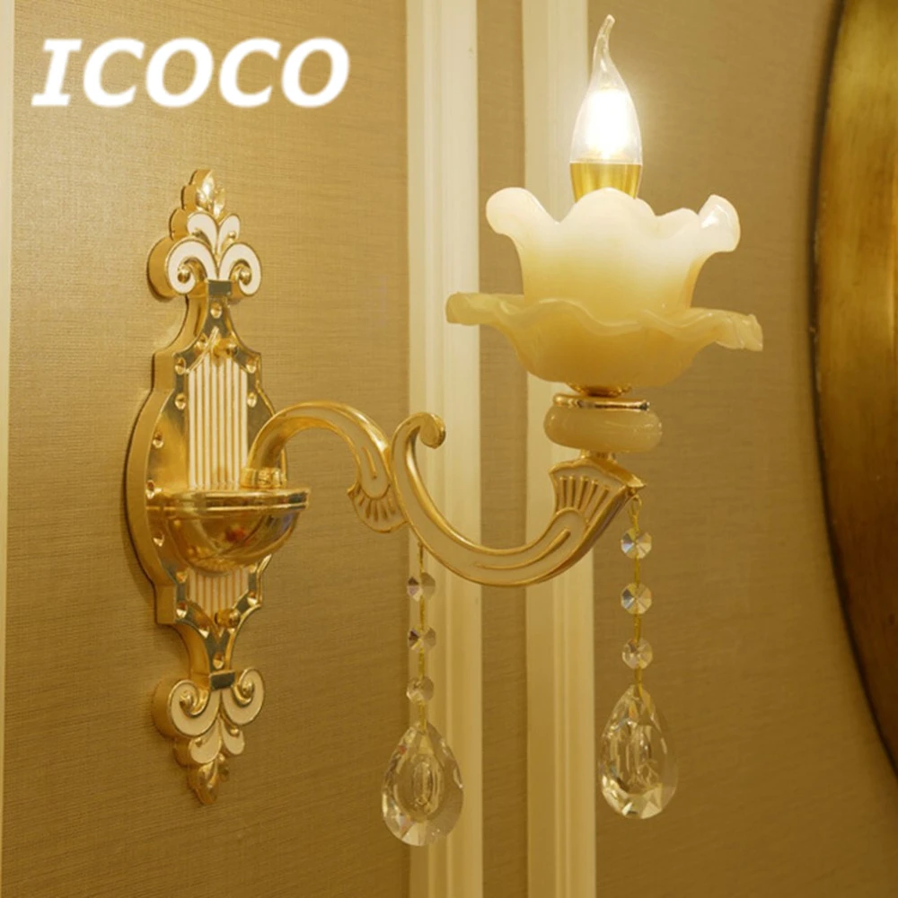 

ICOCO European crystal jade wall lamp living room TV background wall double head bedside lamp aisle villa hotel lamps Sale