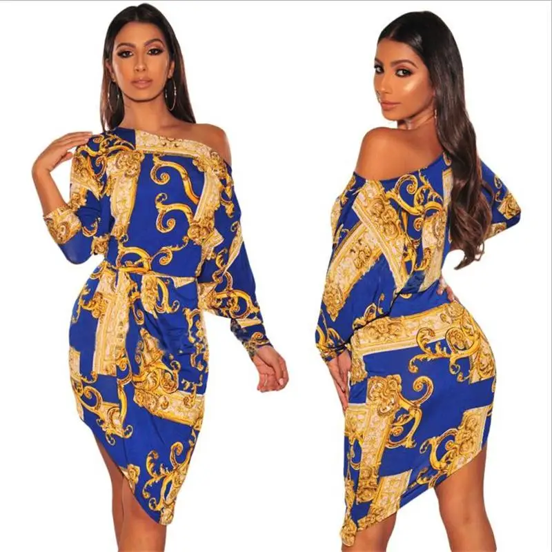 Ropa de Mujer de Verano 2018 de moda de Verano para Mujer Sexy de manga larga de impresión vestido señoras Bodycon vestido cintura vestidos de Verano Mujer