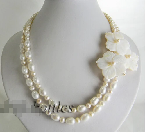 

>>>>2strands 19'' white round rice freshwater pearl shell flower necklace