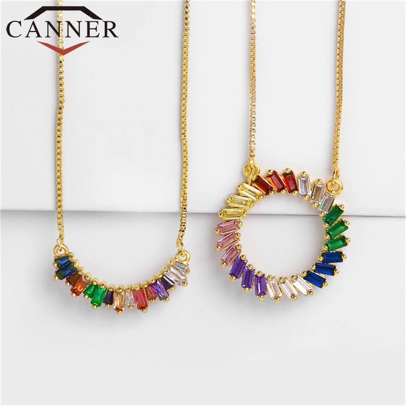CANNER Fashion Colorful Semicircle Round Zircon Necklaces Gold/Silver Color Rainbow Zirconia Necklace for Women FO
