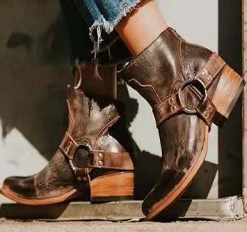 

Zapatos mujer winter pu leather ankle boots for women vintage mid heels platform buckle motorcycle boots chaussures femme