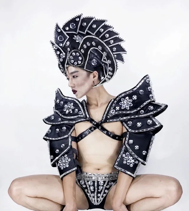 Модный ночной клуб DS Rhinestone Armor с головной убор с рогом мужской бальный костюм танцевальная команда вечерние DJ сценическая одежда