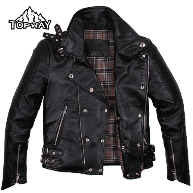 Cheap Hot Sale Metal Buckles Cappotto Punk Style Genuine Lambskin Leather Motorcycle Jacket Men New Coat Anti-Wear Doudoune Homme