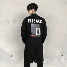 Удлиненная льняная рубашка в стиле панк для мужчин с длинным рукавом черного цвета с буквенным принтом весна-лето