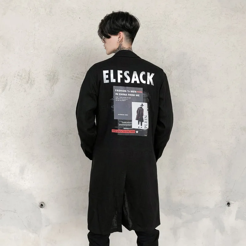 

Extra long Punk linen shirt men Long sleeve Black color Letter print Spring Summer