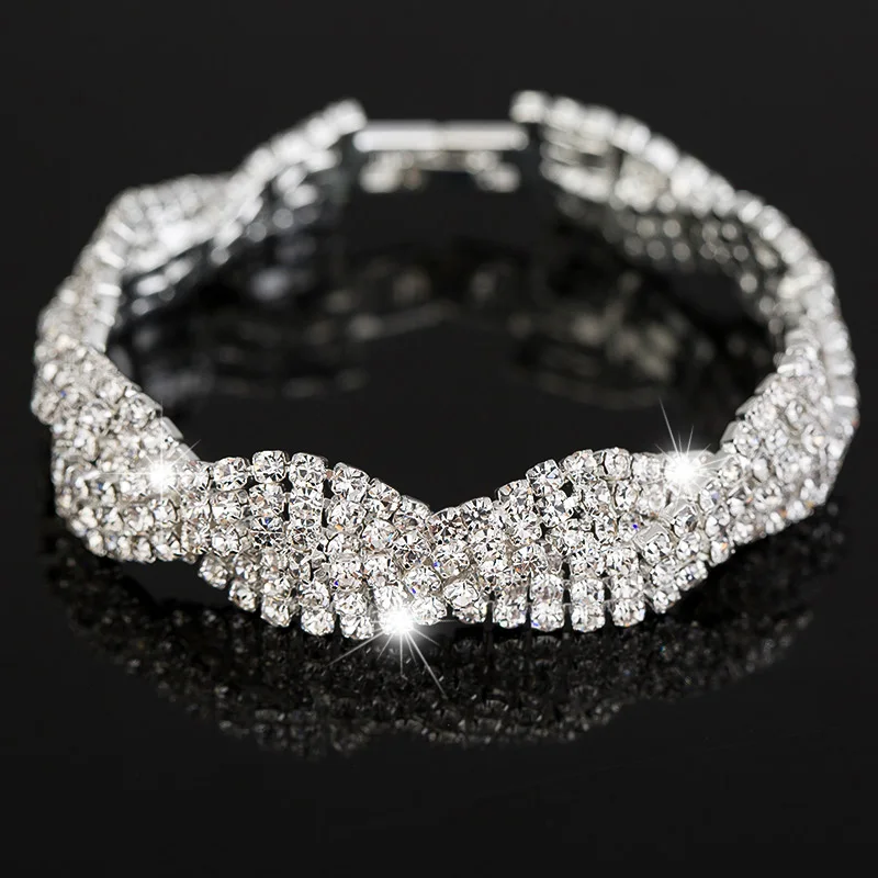 Luxury Silver Plated Rhinestone Chain Link Bracelet Female Multilayer