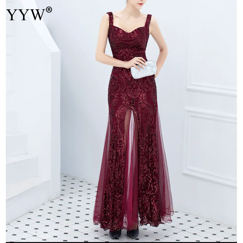 Green Sequined Summer Long Party Dress Spaghetti Strap Sexy Evening Gowns Women Sequin Mesh Patchwork Elegant Club Dresses - Цвет: claret