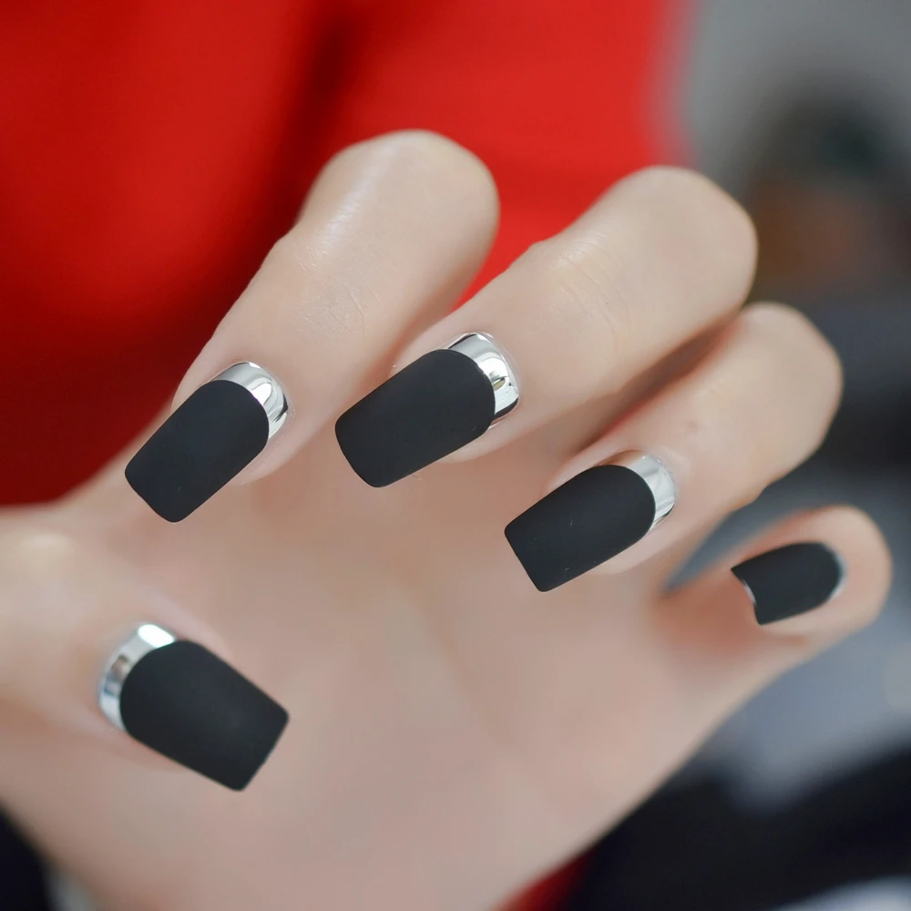 Матовые квадратные поддельные ногти средней длины французский Moo Nail Серебряный металлик ABS ногти 24 шт