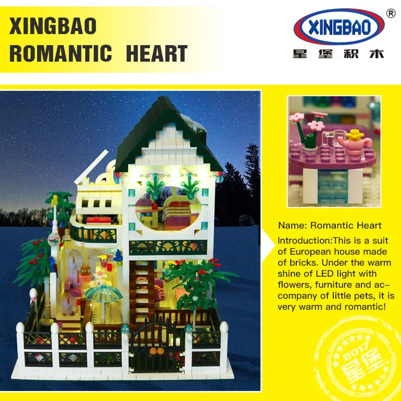 

XingBao 01202 1500Pcs the New Romantic Heart Set with Light USB Building Block Bricks Educational Toy as Valentine's Day present