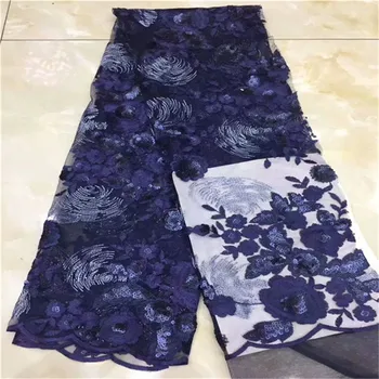 

5 yards high quality embroidered net tulle mesh lace The blue french sequins lace fabrics for wedding dress