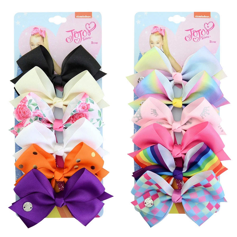 

6 Pcs/set Jojo Siwa Hair Bows Mermaid Unicorn Rainbow Plaid Print ribbon bow Flower Bow with Hair clip Girls present