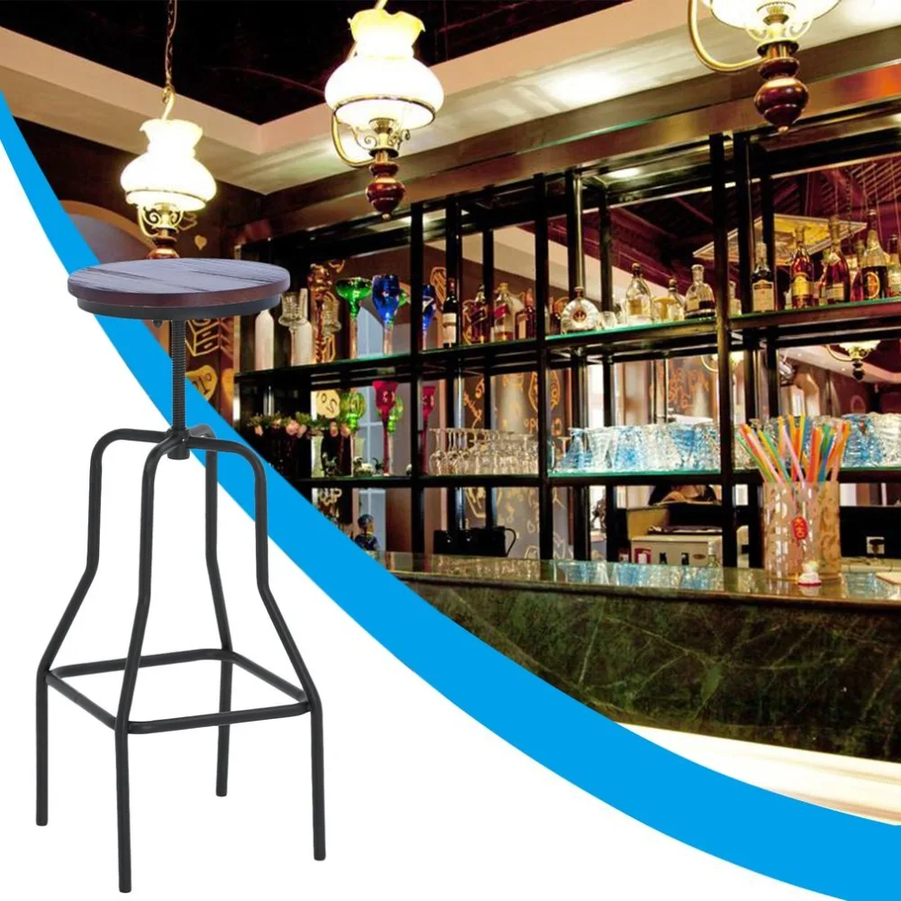 Adjustable Height Metal Vintage Bar Stool Metal Wooden Industrial Seat Kitchen Dining Chair Pipe Style Bar Stools Home Furniture