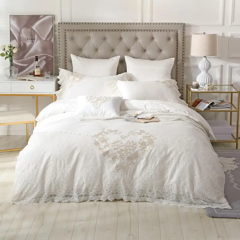 - Queen king luxury Bedding Set white lace egyptian cotton embroidery wedding bed set cotton Bed sheets Duvet quilt cover set