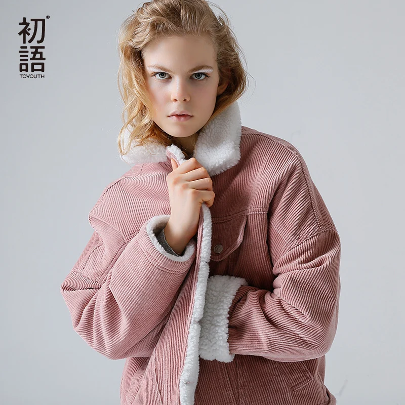 Toyouth Autumn Winter Corduroy Basic Jacket Lambswool Bomber Jacket Women Long Sleeve Jacket Casual Single Breasted Denim Jacket