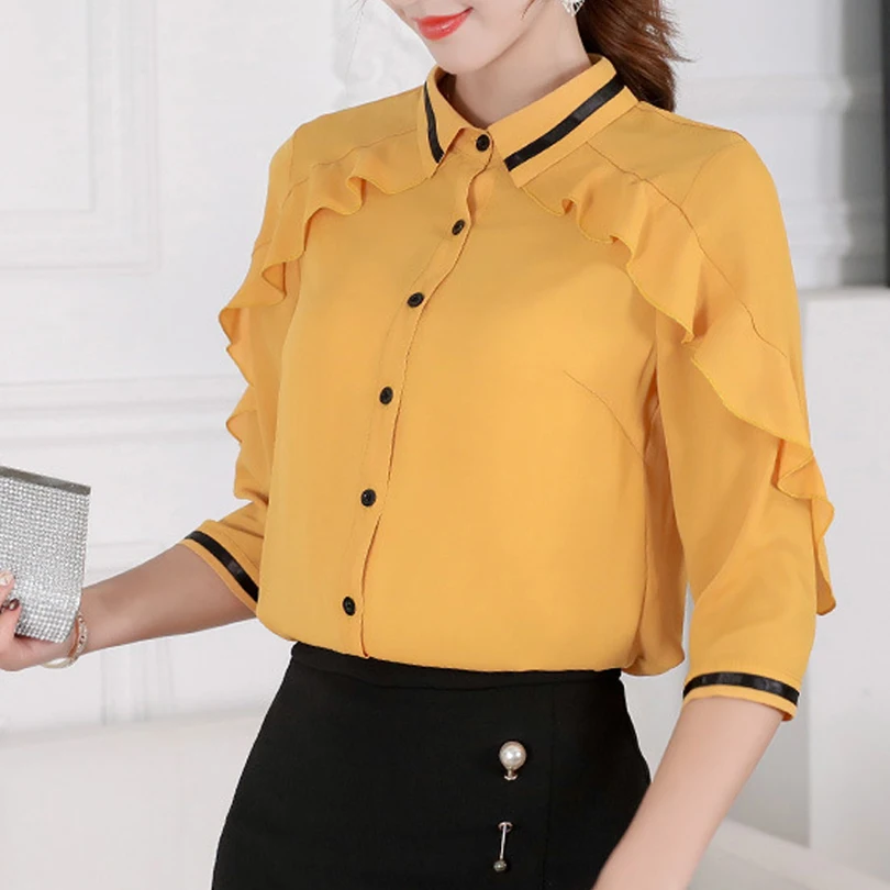 

Brand 2019 Spring Summer Blouses New Korean Women Blouse Yellow Joker Slim Chiffon Shirt Blusas Office Work Top Casual Shirts