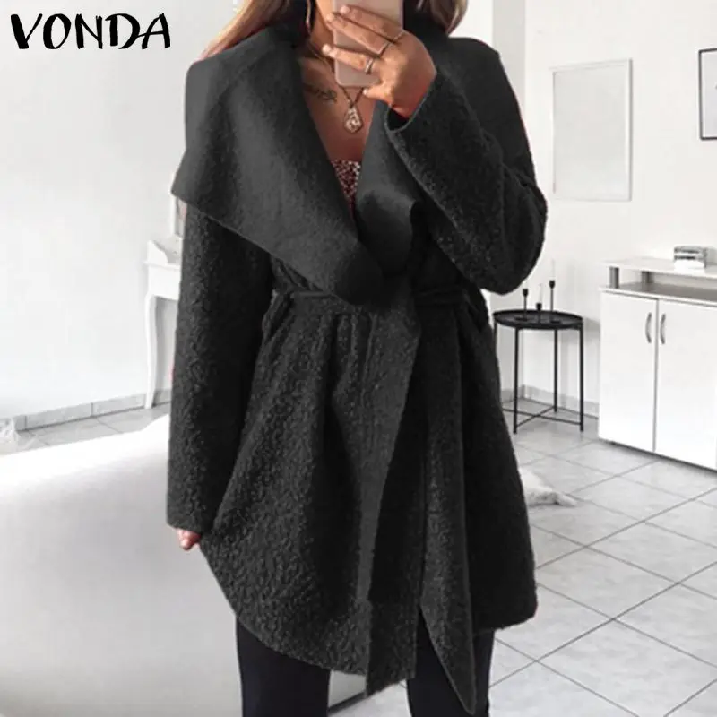 Finest VONDA Plus Size Women Coat Sexy Lapel Neck Fuzzy Belted Jackets 2019 Autumn Jackets Office Ladies O