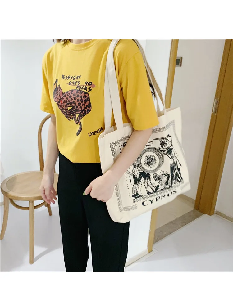Женская Холщовая Сумка на плечо с греческой иллюстрацией, Женская винтажная сумка из хлопчатобумажной ткани, сумка-тоут, эко простая хозяйственная сумка для девочек
