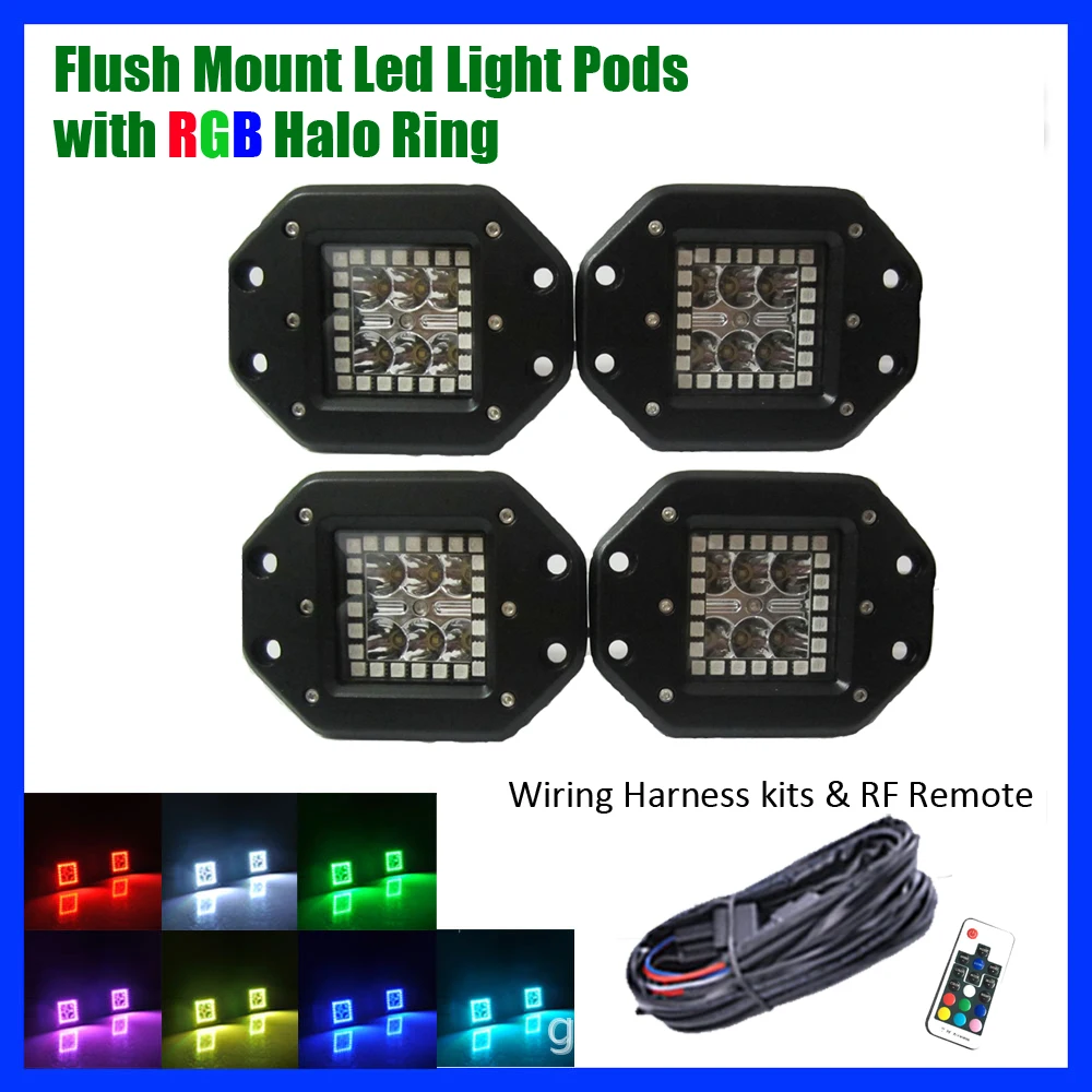 4pcs 5" 24w Flush Mount Pods Led Work Light Spot / Flood With Rgb Halo