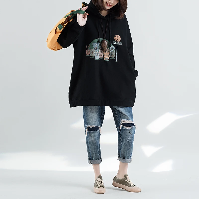  BIG SIZE Spring Autumn Women Fashion Kawaii Cartoon Print Hood Tops Ladies Female Plus Large Cotton