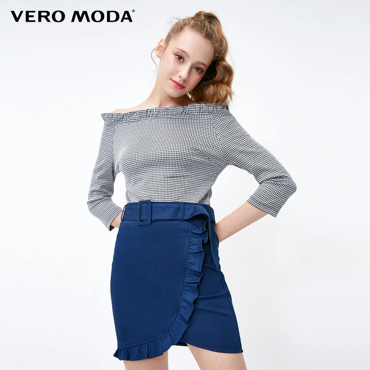 Vero Moda Women's Waist Belt Ruffled Bud Denim Midi skirt | 318337516 - Цвет: Indigo blue denim