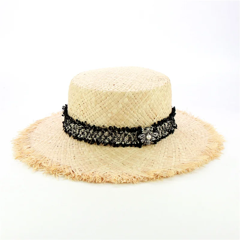 Дизайн, твидовый пояс, рафия, пляжные шляпы для женщин, новая мода, пчелиная соломенная шляпа от солнца, женские летние козырьки, шапки - Цвет: black