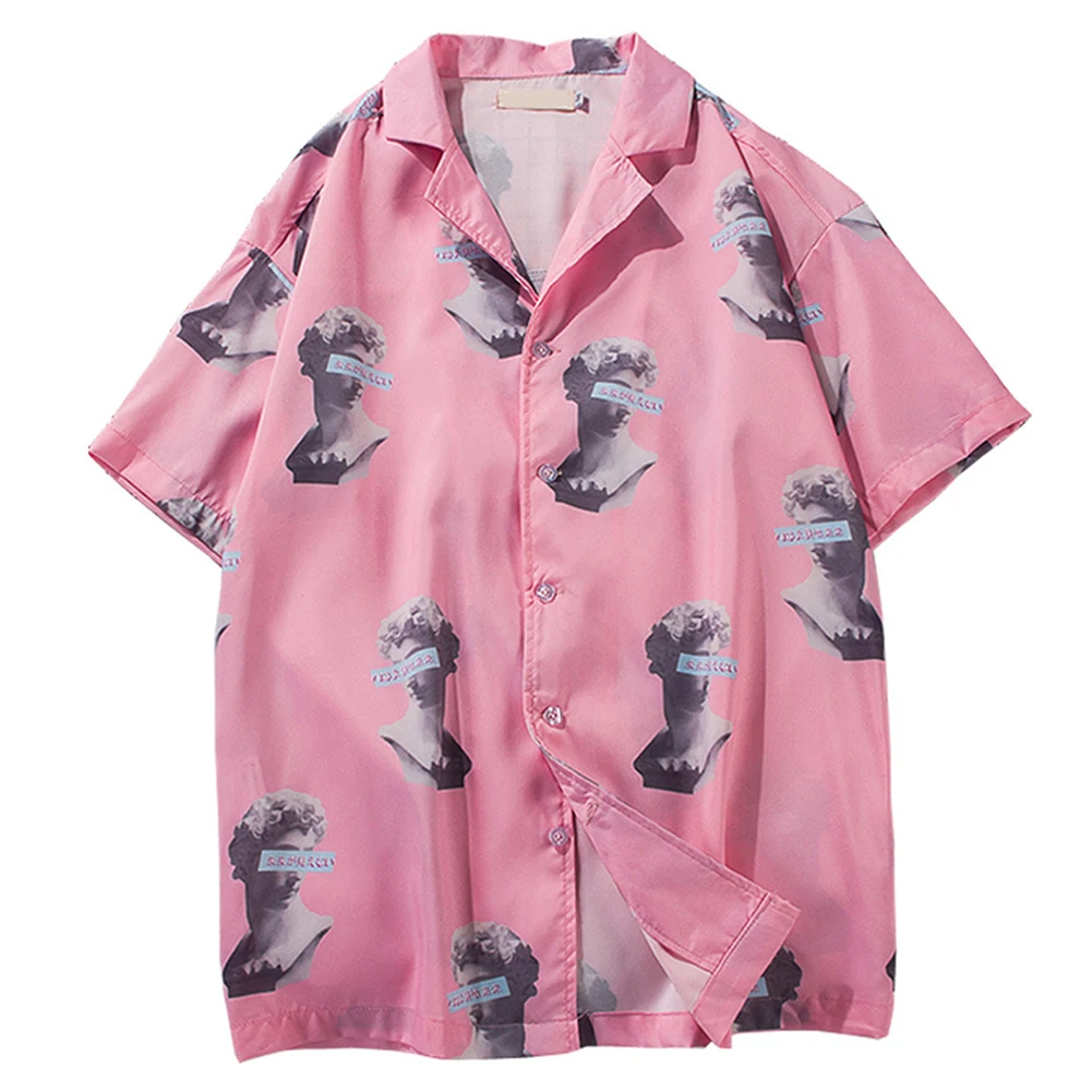 Мужская летняя блузка с принтом и отложным воротником, свободные футболки с коротким рукавом, Гавайские пляжные рубашки, дышащая эластичная рубашка, топ размера плюс - Цвет: Pink