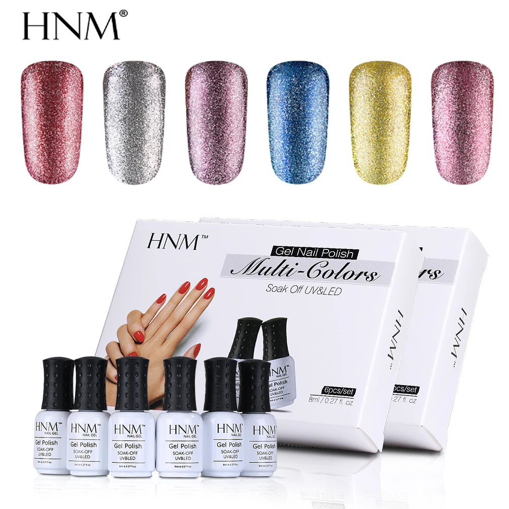 HNM 6 шт/партия 8 мл гель для ногтей с блестками лак замочить УФ-гель для ногтей набор краски геллак счастливый полуперманентный лак набор гелей для ногтей
