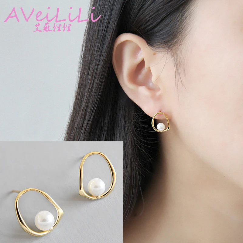 

925 sterling silver earrings jewelry Hollow Irregular Circle Shellfish Pearl Stud Earrings Yellow gold woman