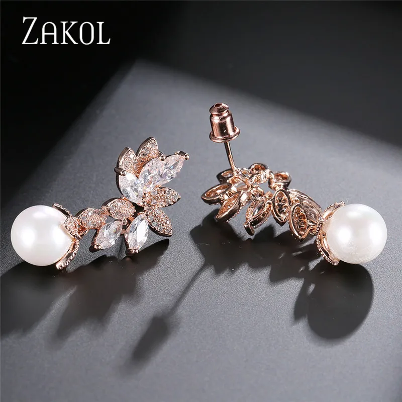 ZAKOL Fashion Design Elegant Female Jewelry White Gold CZ Drop Earings With Imitation Pearls For Gift FSEP568