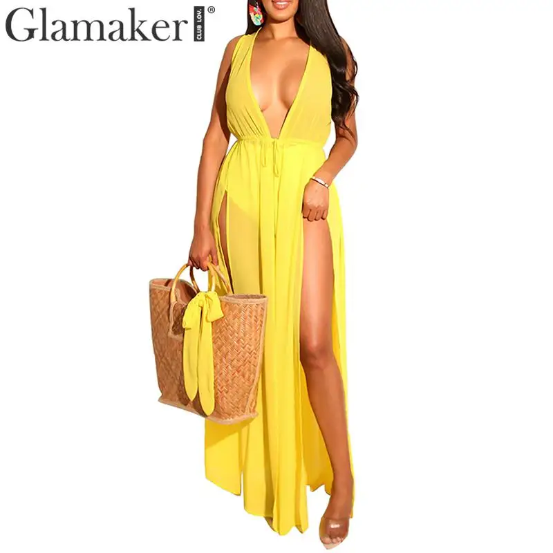 

Glamaker Deep v neck chiffon split long blouse shirt Women summer sleeveless belt top shirt Female transparent top tee plus size