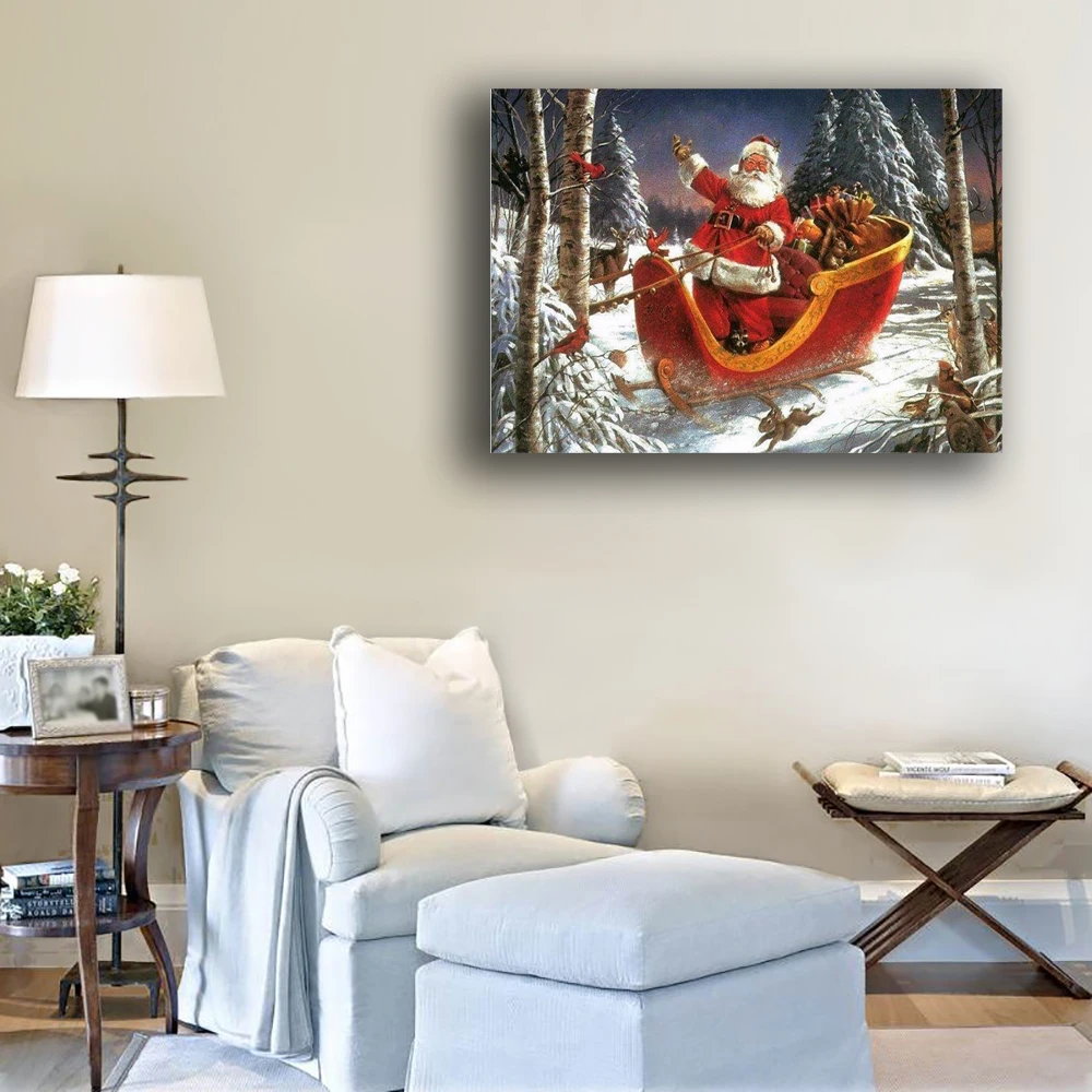 СВЕТОДИОДНЫЙ холст печати настенные декоративные рождественские Санта Клаус с сани изображение светильник вверх, постеры с живописным изображением пейзажа и принтом праздничный подарок