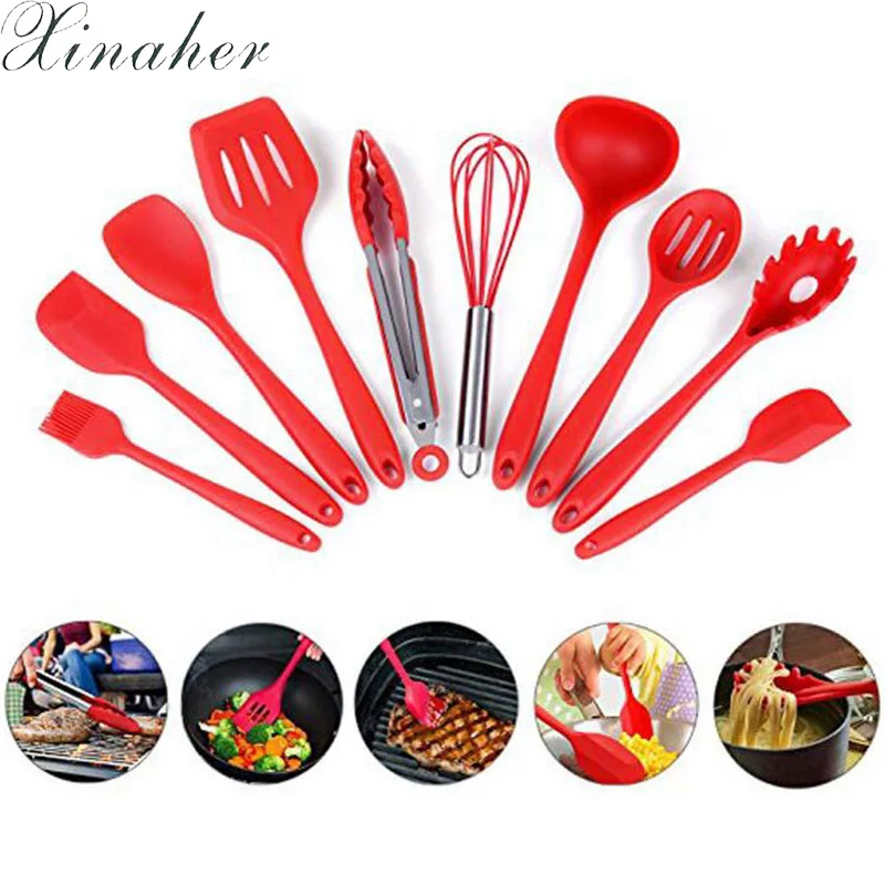 

XINAHER 10 Pcs/Set Non-Stick Kitchenware Silicone Heat Resistant Kitchen Cooking Utensils Baking Tool Cooking Tool Sets