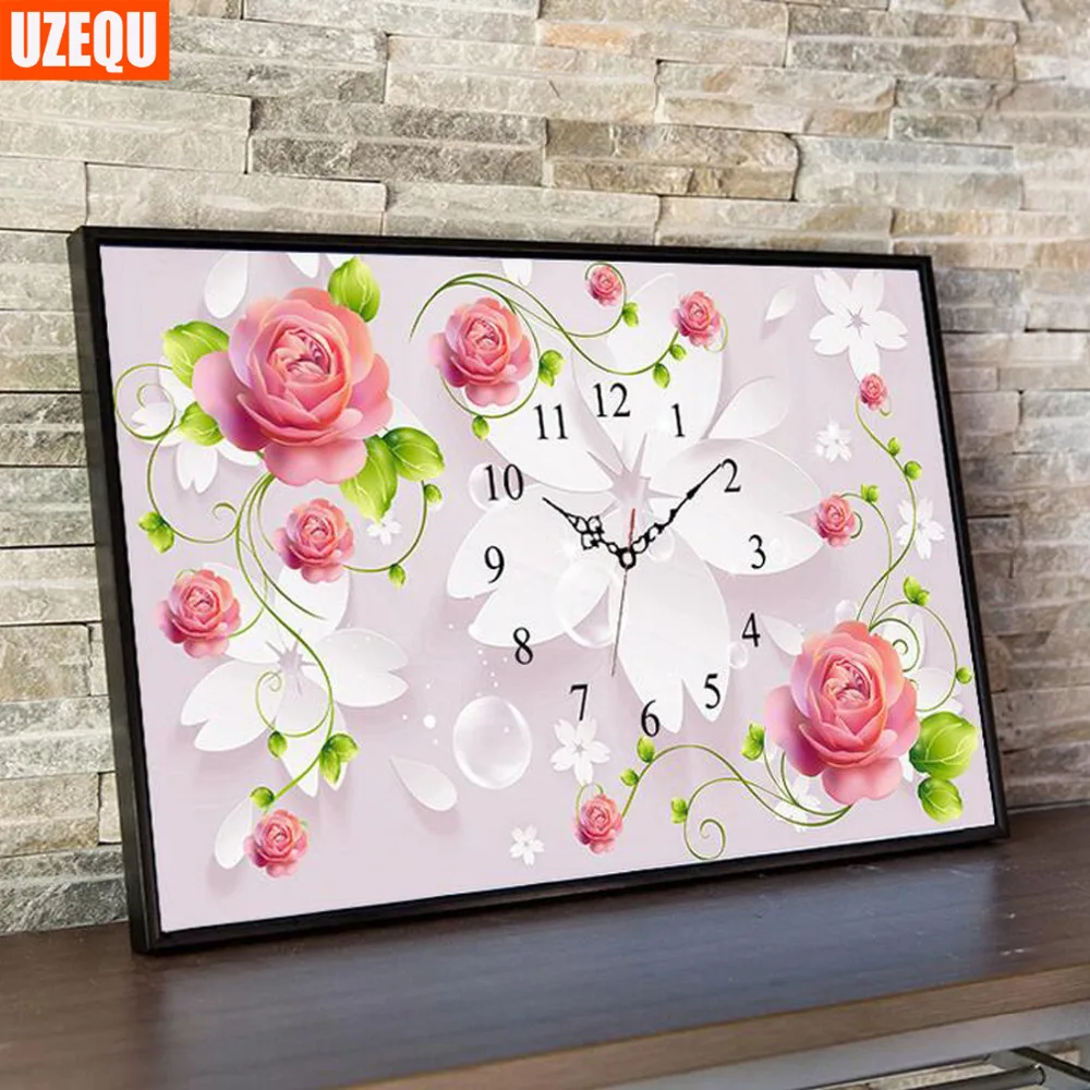 

UzeQu Full Diamond Embroidery Rose Wall Clock 3D DIY Diamond Painting Cross Stitch Clock Mosaic Round Painting Rhinestones Decor