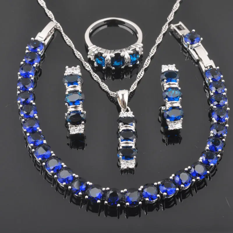 

FAHOYO Sparkling Blue Zirconia For Women 925 Sterling Silver Jewelry Sets Bracelet Necklace Pendant Earrings Ring QS0157