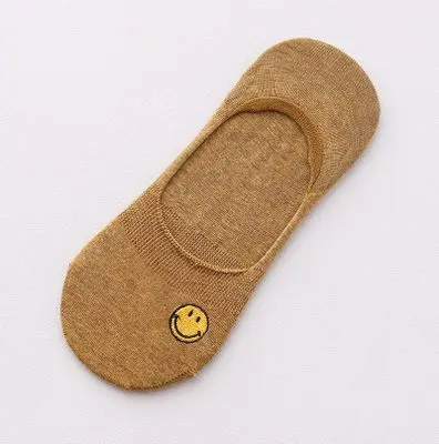 Новые однотонные нескользящие носки 10 цветов летние женские тапочки носки-башмачки для девочек из невидимого хлопка с вышивкой Smlie - Цвет: Coffee