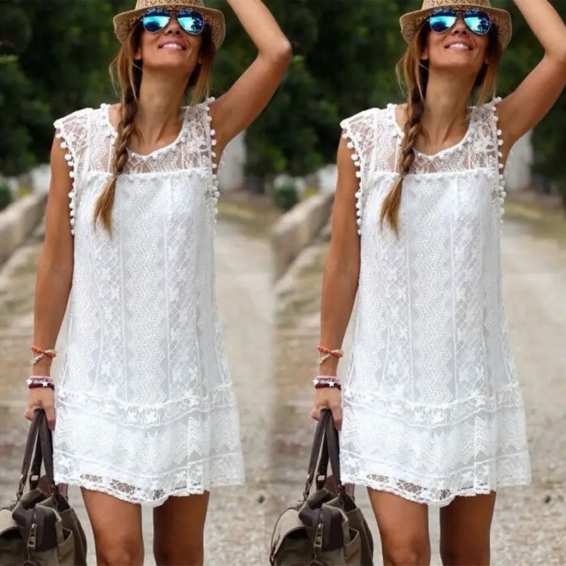 Новое поступление, женское однотонное белое кружевное пляжное платье, сексуальное открытое мини-платье размера плюс, Vestidos