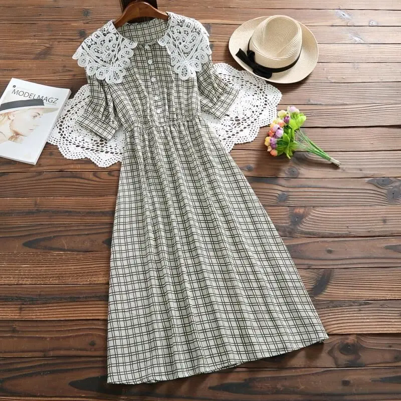 

Mori Girl Sweet Long Summer Dress Crochet Elegant Plaid A-Line Vestidos Femininos Short Sleeve Chiffon Women Dress
