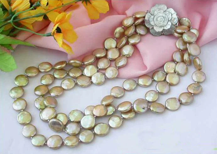 

Freshwater Pearl Necklace,AAA 3 Rows 12-14mm Champagne Coin Cultured Pearl Jewellery,Shell Flower,New Free Shipping.