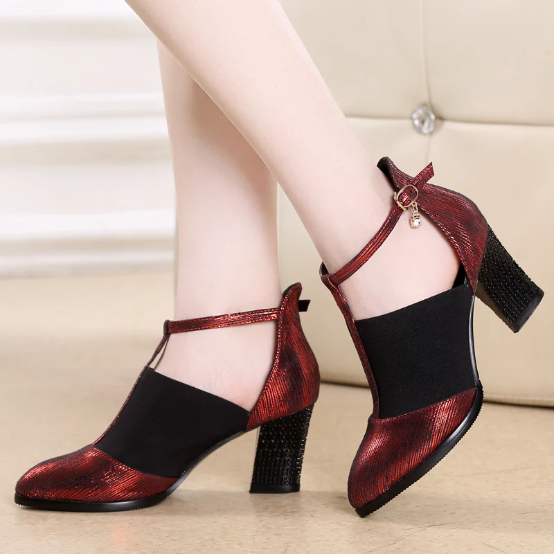 USHINE 5365 Heel 7cm Black Red Gold Outdoor Indoor Women Modern Dance Shoes Square Close Head Latin Dance Shoes For Women